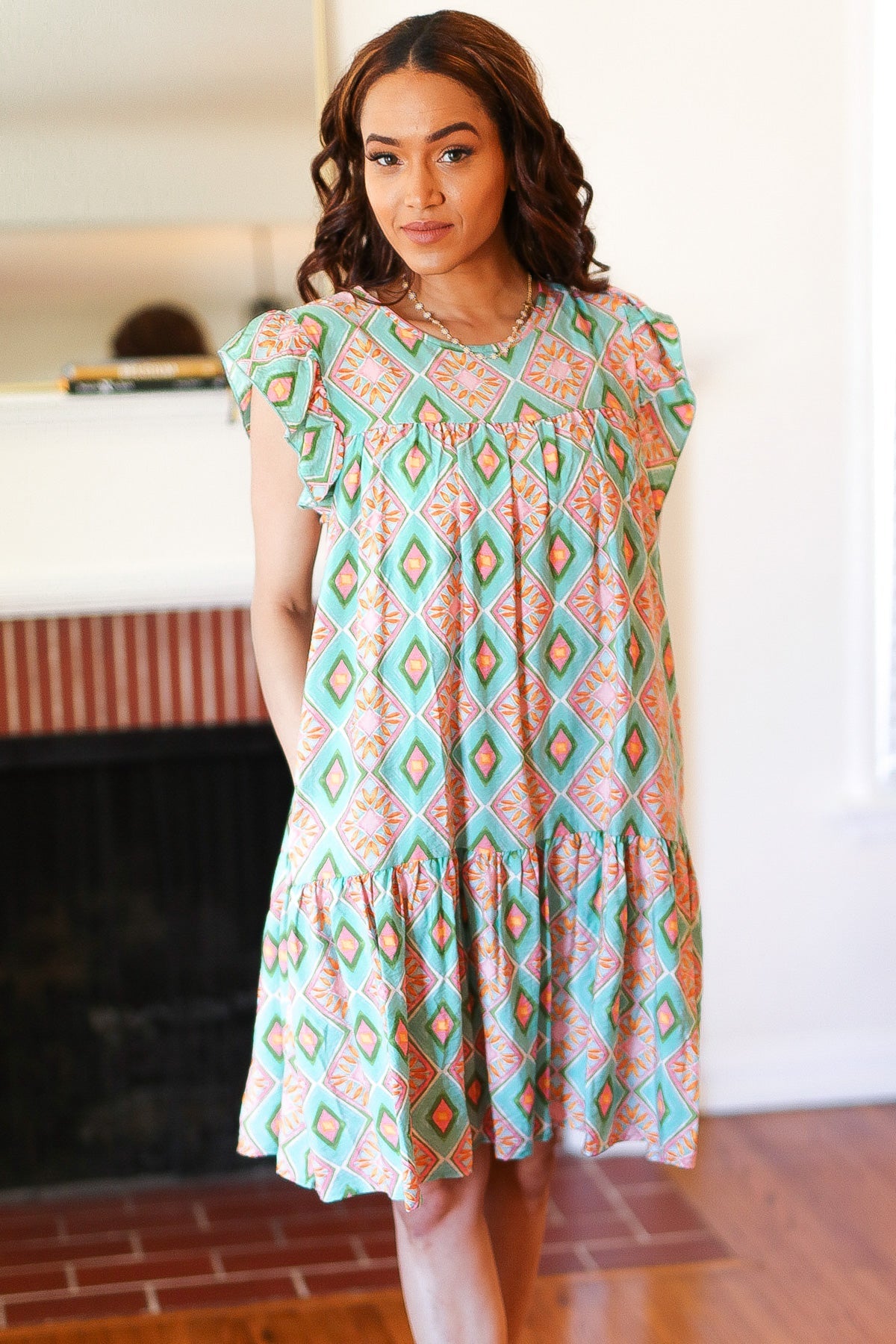 Mint Geo Boho Print Yoke Poplin Woven Dress Haptics