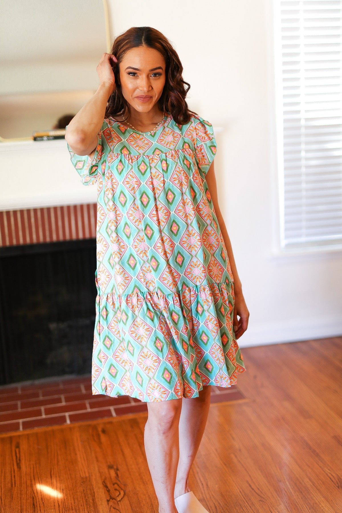 Mint Geo Boho Print Yoke Poplin Woven Dress Haptics