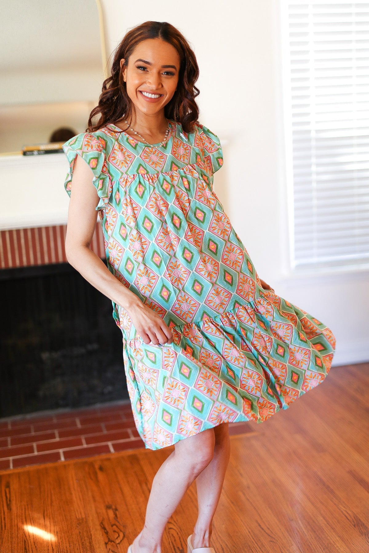 Mint Geo Boho Print Yoke Poplin Woven Dress Haptics