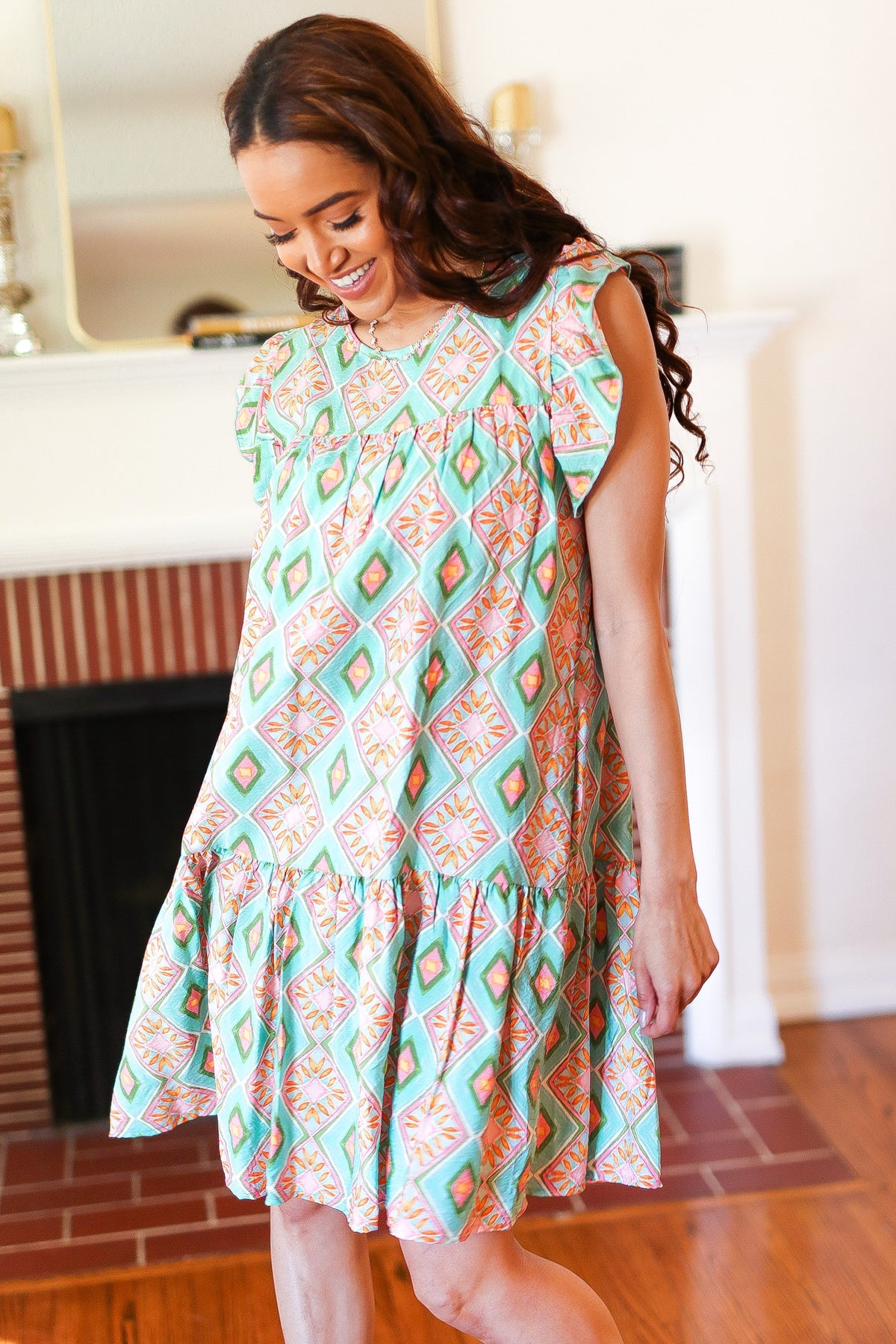 Mint Geo Boho Print Yoke Poplin Woven Dress Haptics