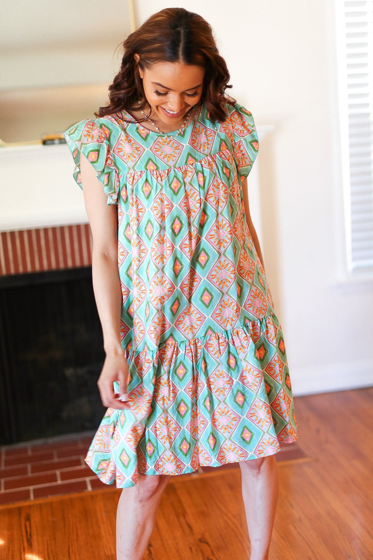 Mint Geo Boho Print Yoke Poplin Woven Dress Haptics