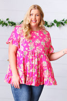 Fuchsia Floral Frill Ruffle Hem Tiered Swing Top Haptics