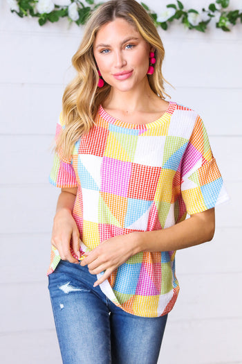 Multicolor Geometric Textured Knit Top Haptics