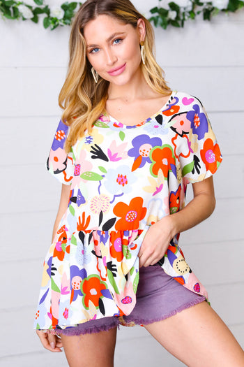 Multicolor Flat Floral V Neck Woven Babydoll Top Haptics