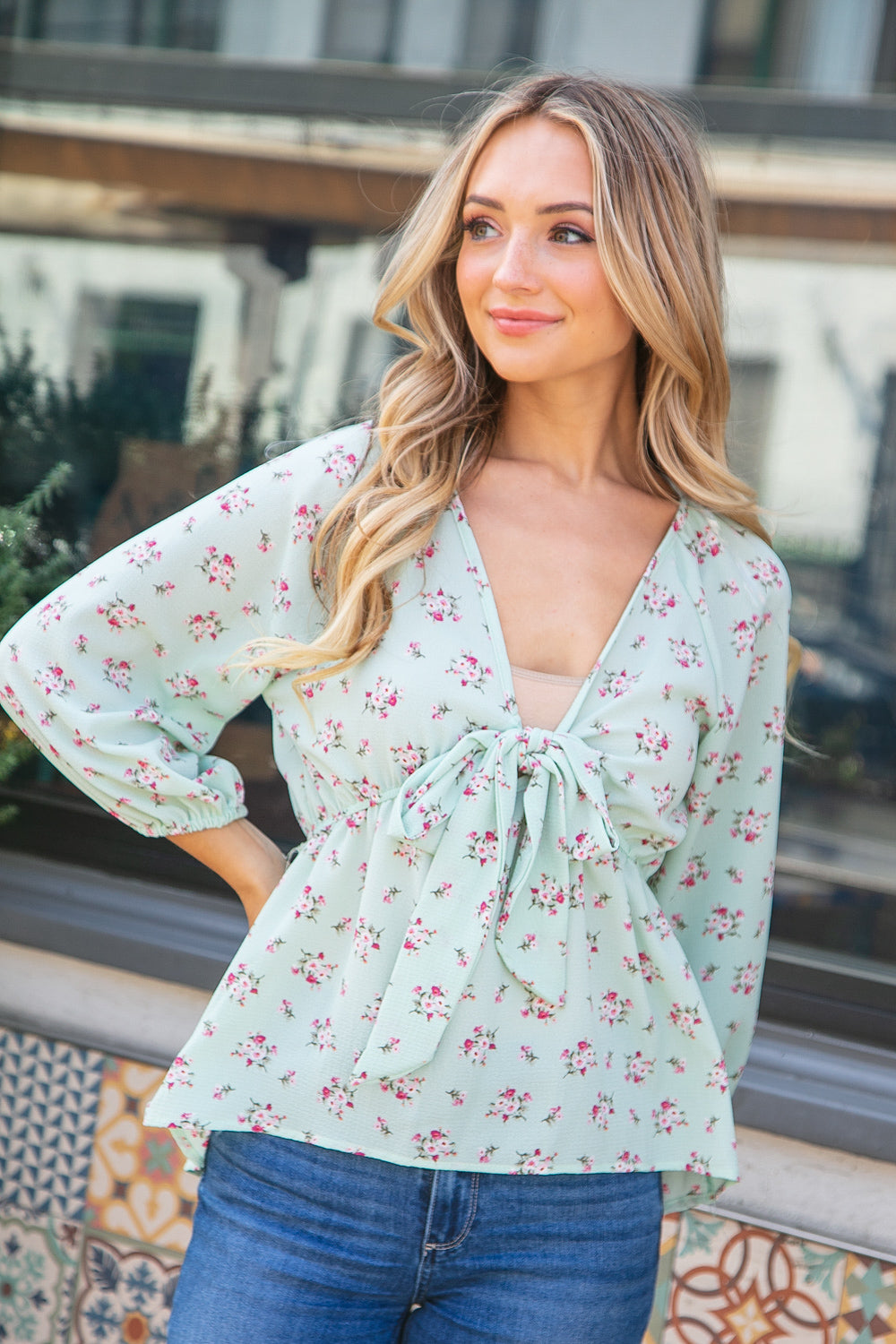 Mint Crepe Seersucker Floral Knotted Woven Blouse Sugarfox