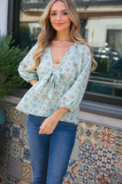 Mint Crepe Seersucker Floral Knotted Woven Blouse Sugarfox