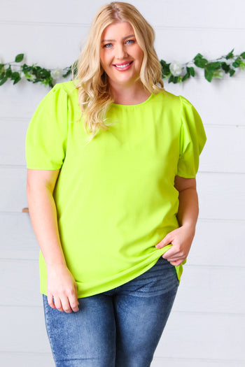 Neon Green Round Neck Puff Sleeve Crepe Top Haptics