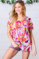 Orange & Pink Geometric Floral V Neck Top Haptics