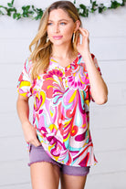 Orange & Pink Geometric Floral V Neck Top Haptics