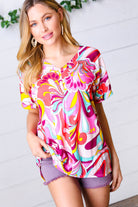 Orange & Pink Geometric Floral V Neck Top Haptics