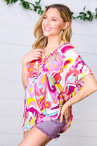 Orange & Pink Geometric Floral V Neck Top Haptics