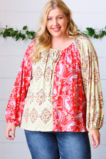 Scarlet Paisley and Floral Chevron Bubble Sleeve Top Haptics