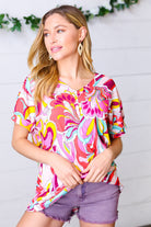 Orange & Pink Geometric Floral V Neck Top Haptics