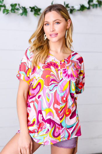 Orange & Pink Geometric Floral V Neck Top Haptics