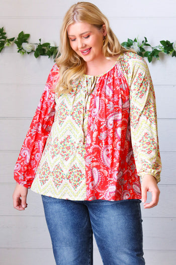 Scarlet Paisley and Floral Chevron Bubble Sleeve Top Haptics