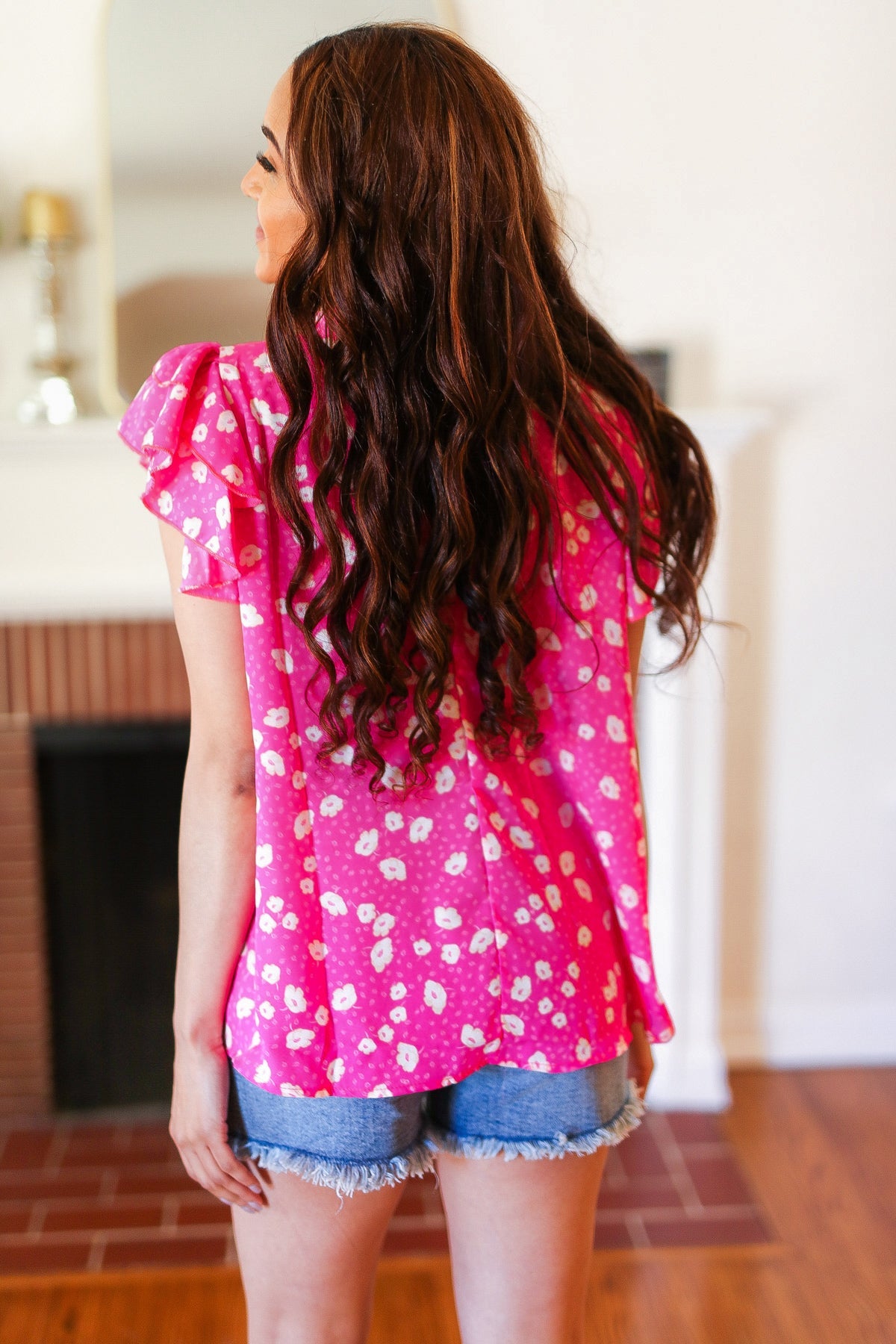 Hot Pink Floral Mock Neck Double Flutter Sleeve Top Haptics