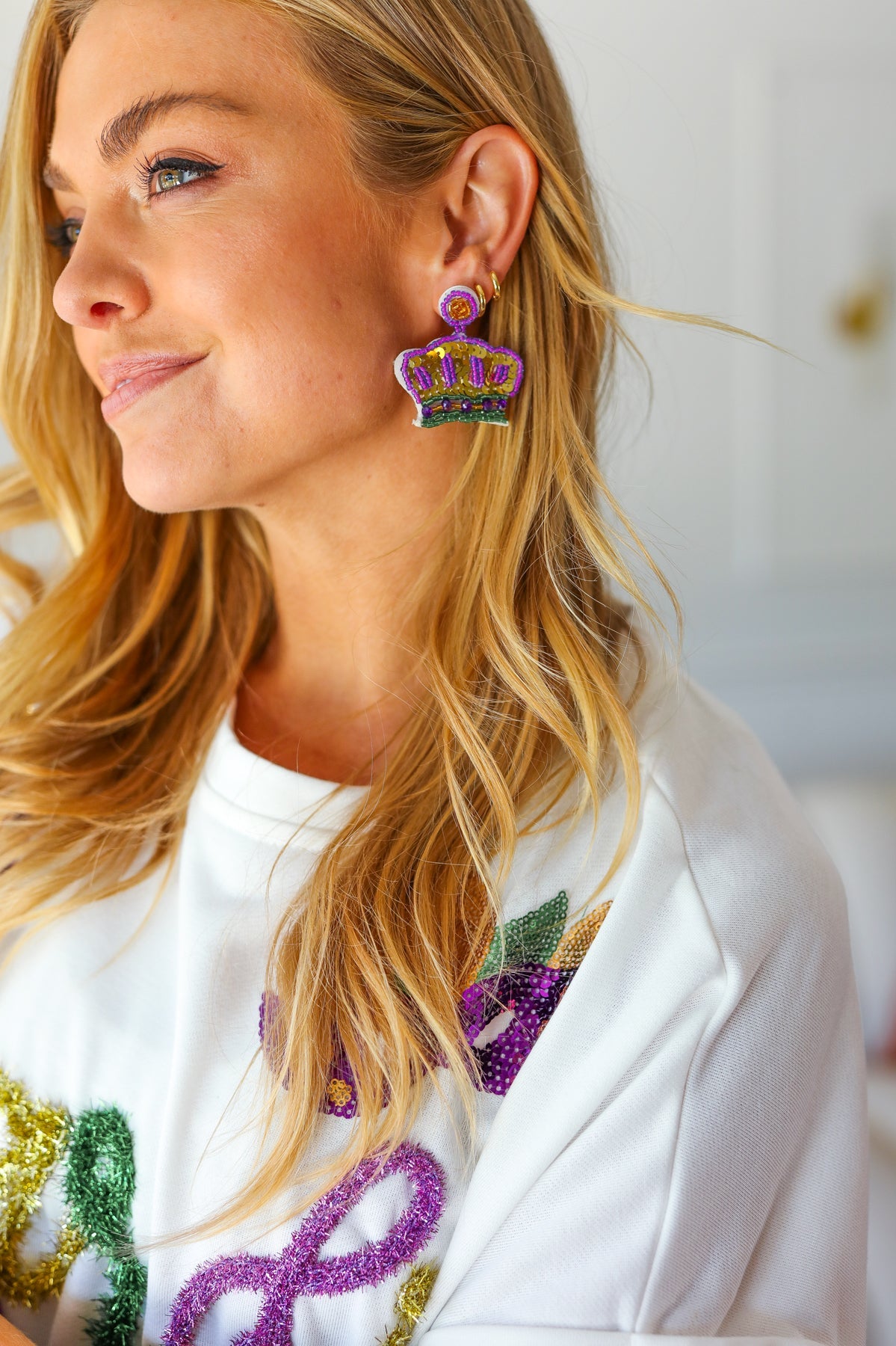 Mardi Gras Sequin & Beaded Crown Dangle Earrings ICON