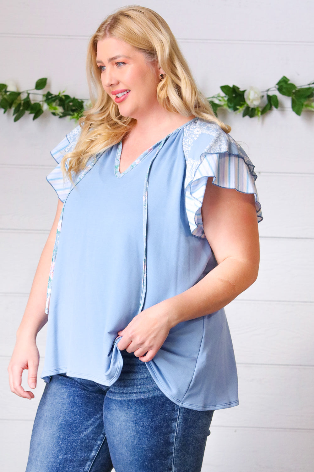 Blue Floral & Stripe V Neck Tie Double Flutter Sleeve Top Sugarfox