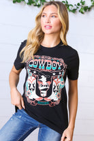 Black Cotton COWBOY Longhorn Graphic Tee BOU TEE QUE