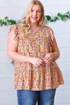 Sunset Floral Print Ruffle Tiered Keyhole Top Haptics