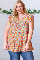 Sunset Floral Print Ruffle Tiered Keyhole Top Haptics