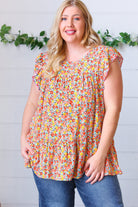 Sunset Floral Print Ruffle Tiered Keyhole Top Haptics