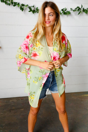 Sage Floral Print Chiffon Cover Up Kimono Haptics