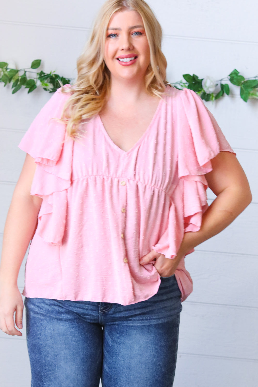 Soft Pink Swiss Dot Ruffle Woven Top Sugarfox