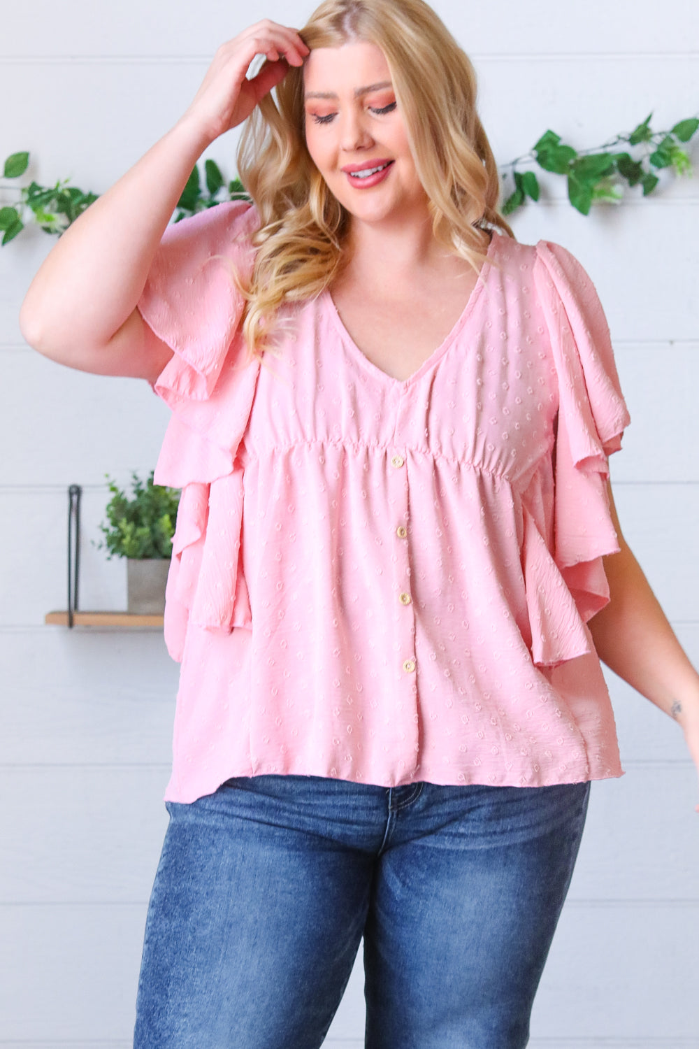 Soft Pink Swiss Dot Ruffle Woven Top Sugarfox