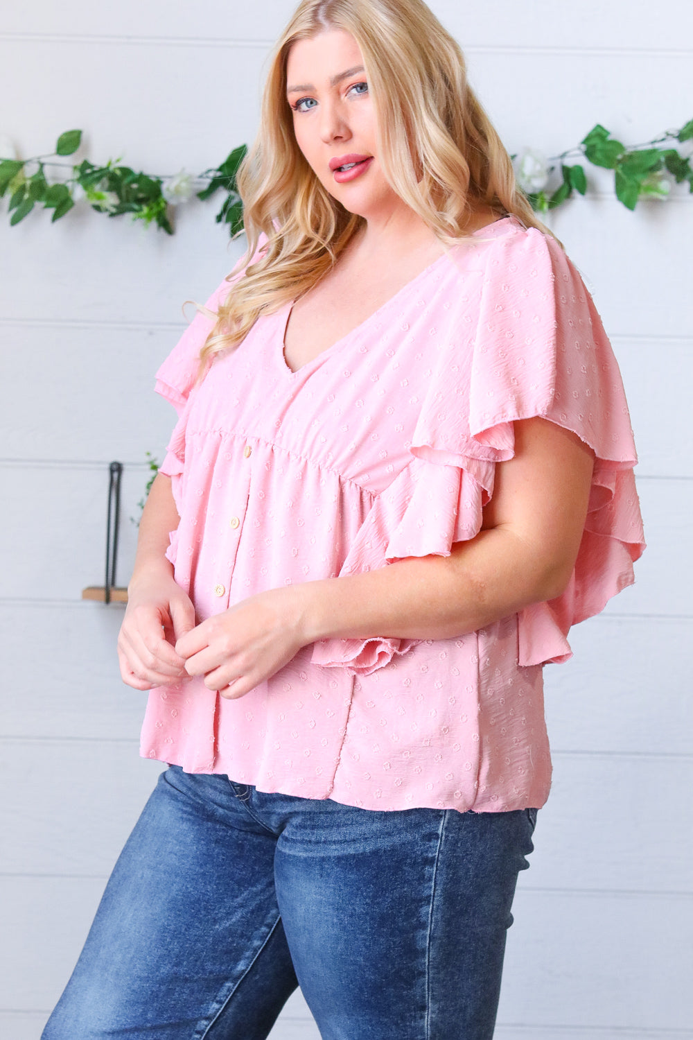 Soft Pink Swiss Dot Ruffle Woven Top Sugarfox