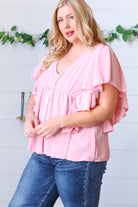 Soft Pink Swiss Dot Ruffle Woven Top Sugarfox