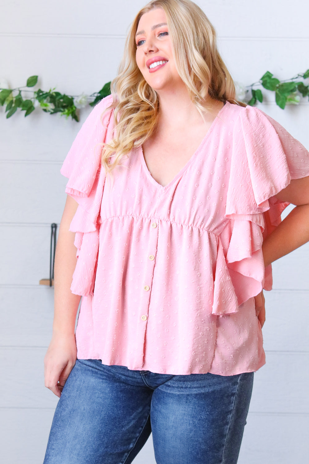 Soft Pink Swiss Dot Ruffle Woven Top Sugarfox