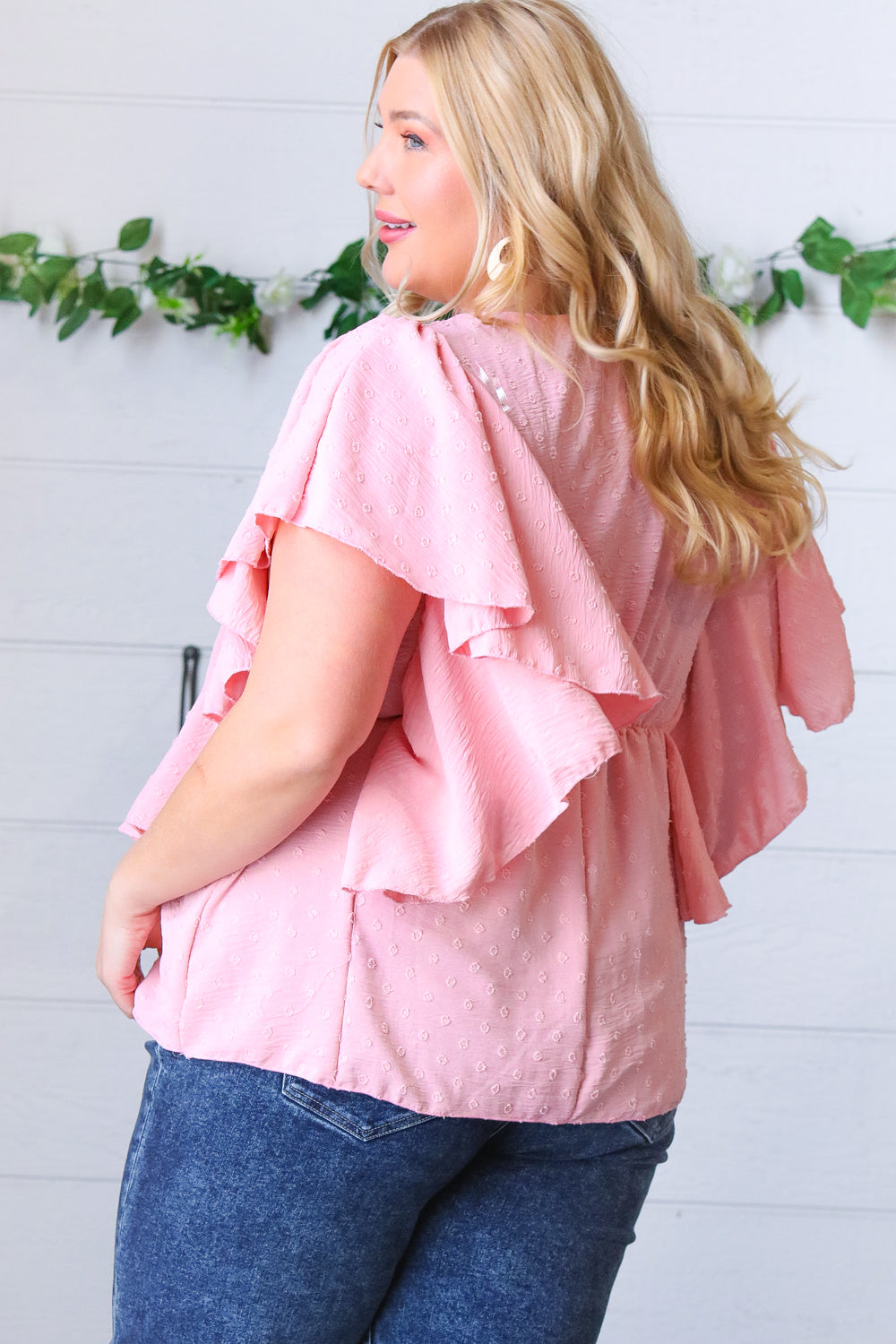 Soft Pink Swiss Dot Ruffle Woven Top Sugarfox