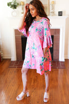 Pink Floral & Animal Print Bell Sleeve Dress Hayzel