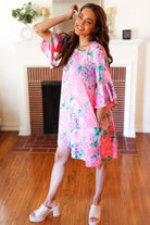 Pink Floral & Animal Print Bell Sleeve Dress Hayzel