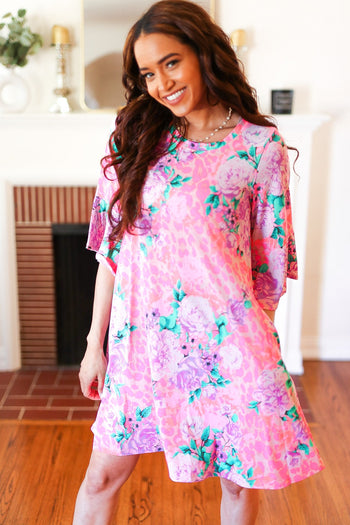 Pink Floral & Animal Print Bell Sleeve Dress Hayzel