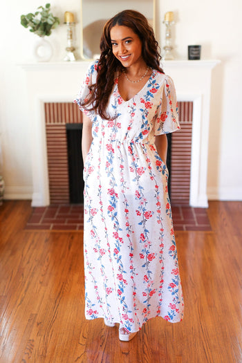 Red/Blue Floral Swiss Dot Chiffon Foil Maxi Dress Haptics