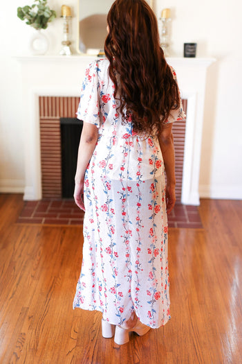 Red/Blue Floral Swiss Dot Chiffon Foil Maxi Dress Haptics