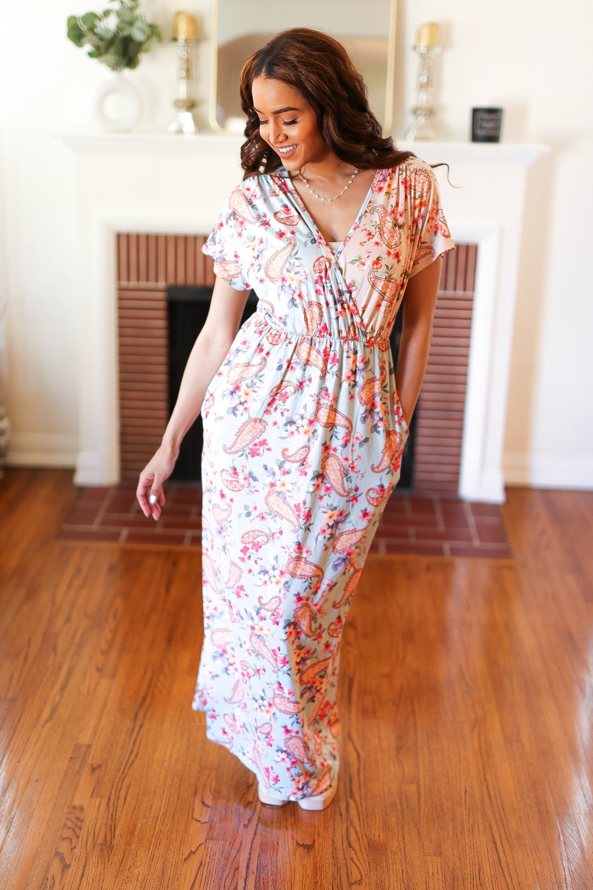 Mint Floral Paisley Surplice Elastic Waist Maxi Dress Haptics