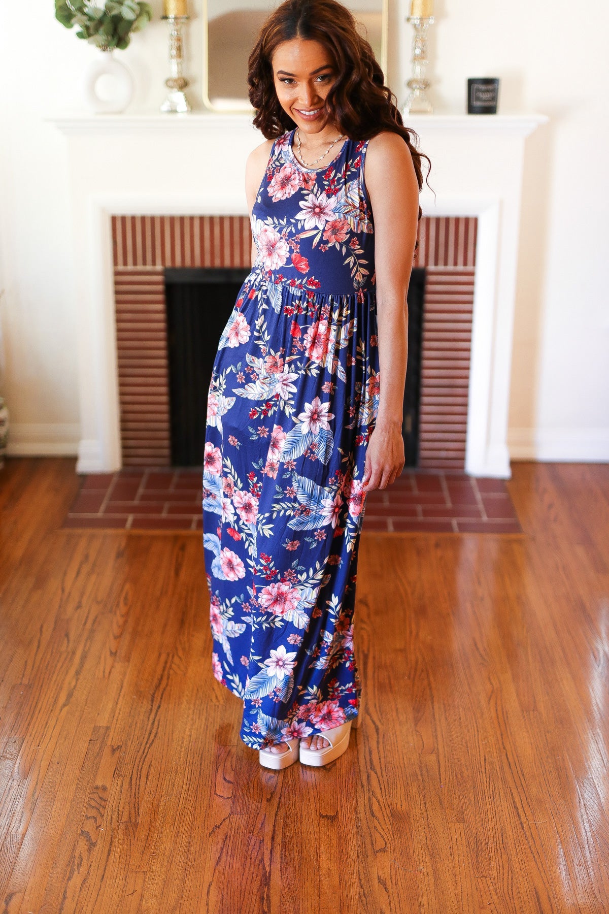 Navy Floral Fit and Flare Sleeveless Maxi Dress (Copy) Haptics