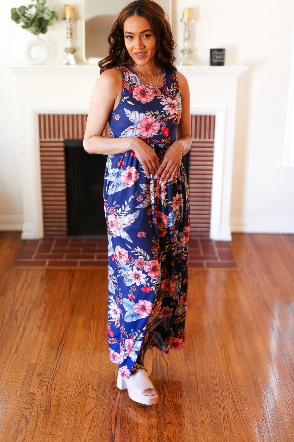 Navy Floral Fit and Flare Sleeveless Maxi Dress (Copy) Haptics