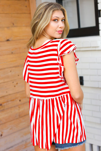 Red Stripe Babydoll Flutter Sleeve Top Haptics