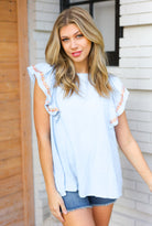 Chambray Embroidered Flutter Sleeve Top Haptics