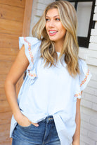 Chambray Embroidered Flutter Sleeve Top Haptics