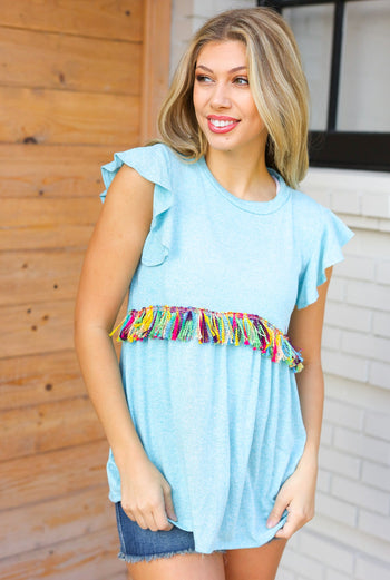 Sky Blue Two Tone Babydoll Fringe Tassel Top Haptics