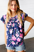 Navy & Pink Floral Print Frilled Short Sleeve Yoke Top Haptics