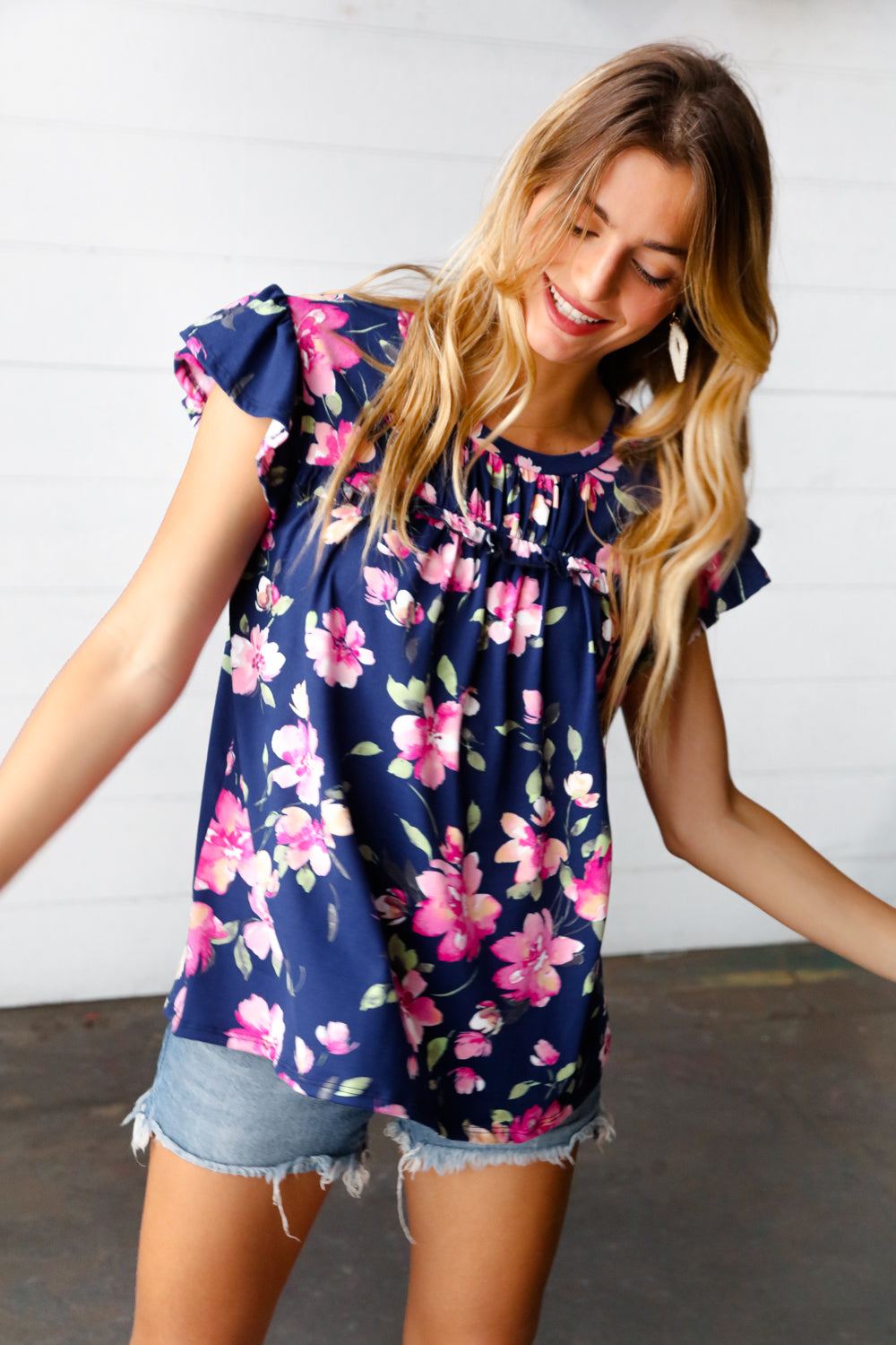 Navy & Pink Floral Print Frilled Short Sleeve Yoke Top Haptics