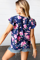 Navy & Pink Floral Print Frilled Short Sleeve Yoke Top Haptics