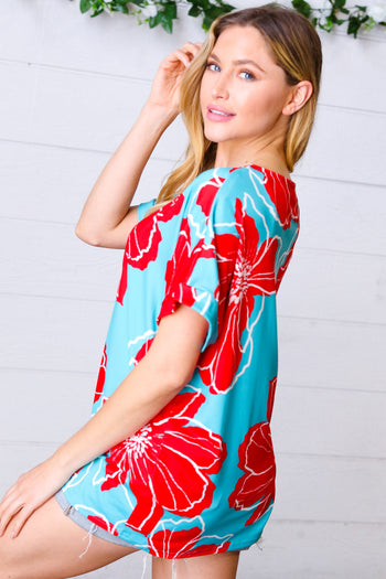 Teal & Cherry Red Floral Print V Neck Top Haptics