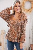 Cinnamon Boho Floral Ruffle Babydoll Rayon Crinkle Blouse Sugarfox